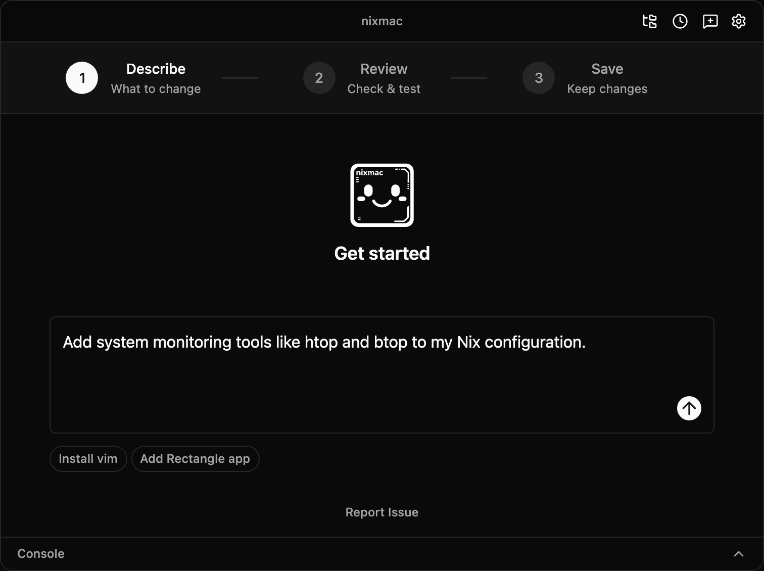 nixmac Describe step showing a prefilled prompt to add system monitoring tools