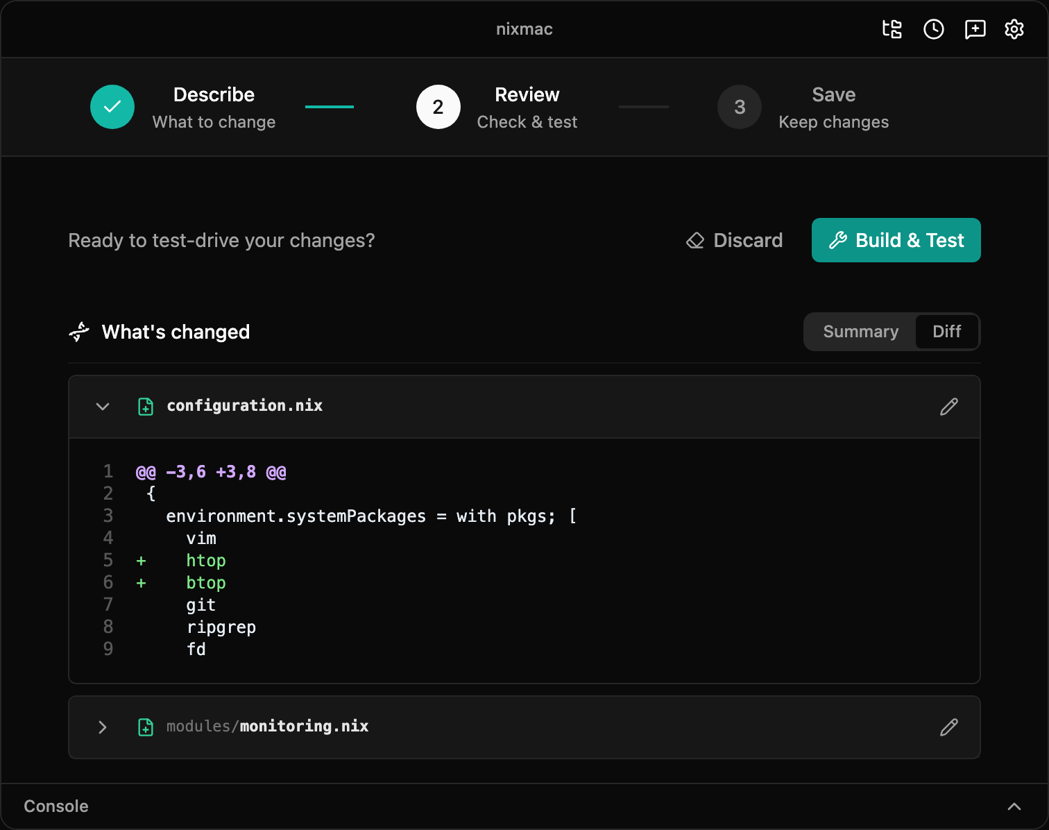 nixmac review screen showing changed files and the Build & Test button