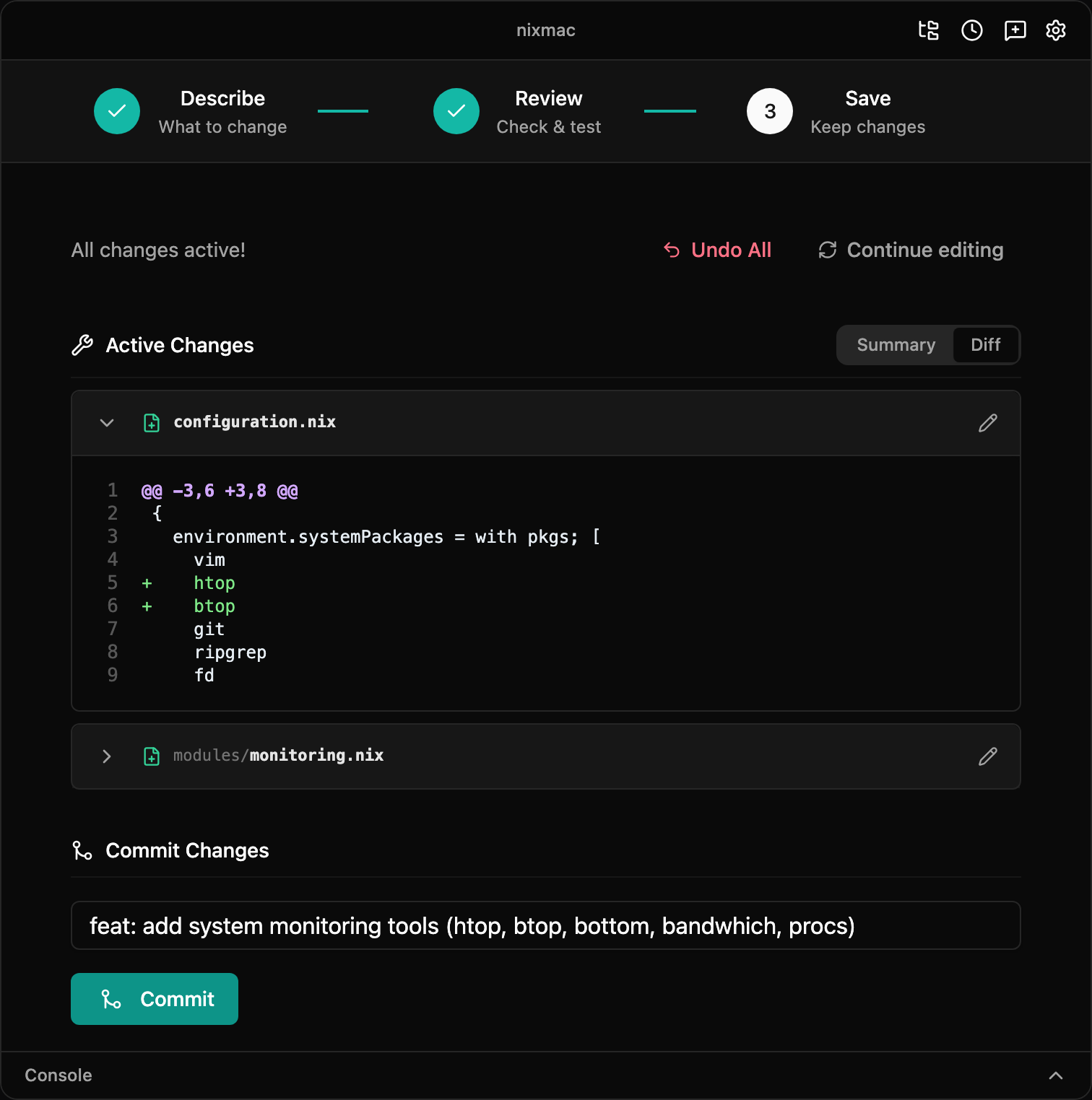 nixmac save step showing active changes, Undo All, Continue editing, and Commit controls